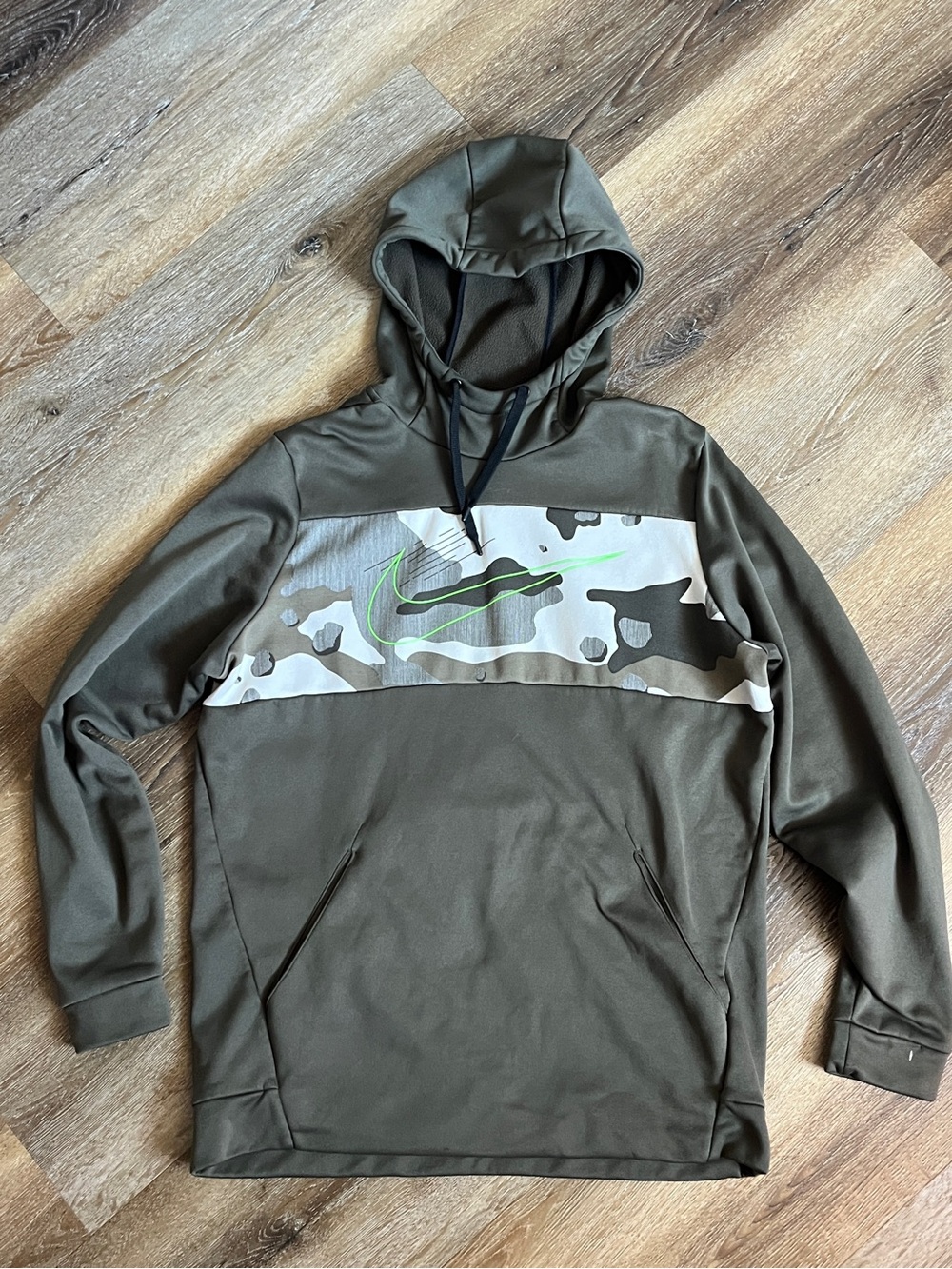 Nike Men's Olive Green Hoodie with Camo Chest and Neon Logo, large